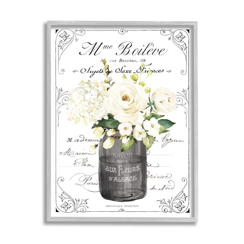 Stupell Vintage Parisian Bathroom Floral Bouquet White Flowers Framed Wall Art - 11 x 14 - Grey