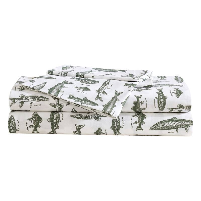 Eddie Bauer Printed Cotton Percale Deep Pocket Sheet Set - King - Wes Fish Face Green