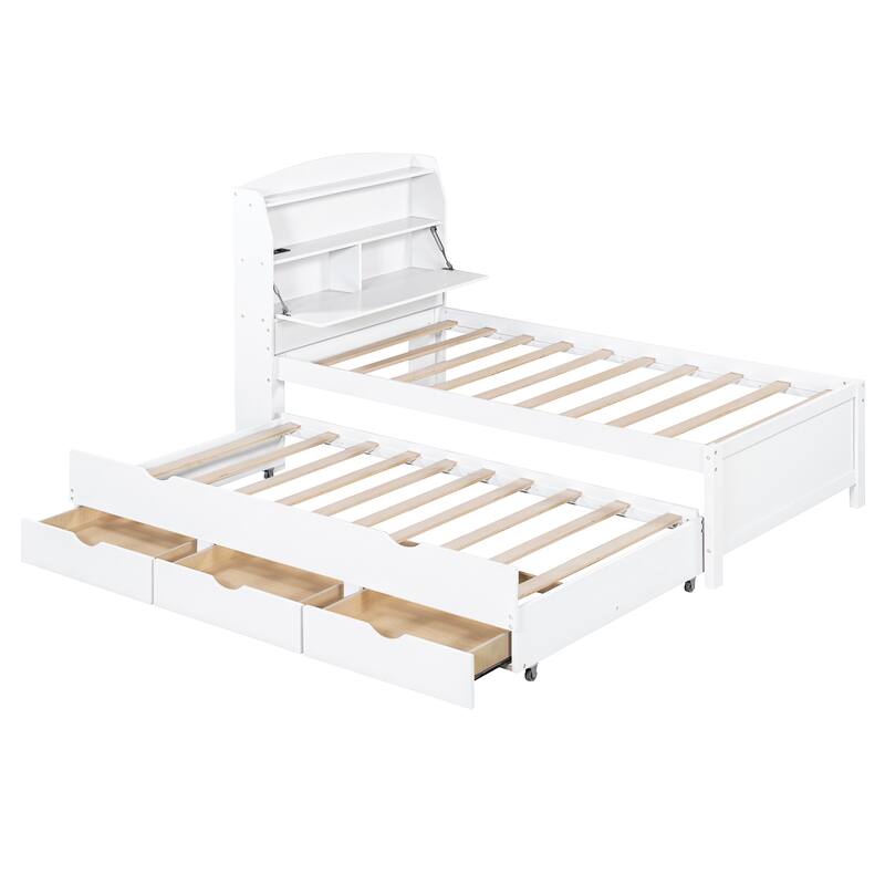 Twin Size Wooden LED Platform Bed with Trundle, with Storage Headboard, with Drawers, White
