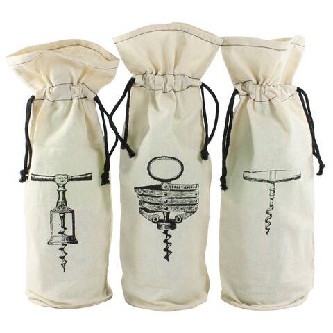 Corkscrew Printed Wine Bag, Assortment of 3, White and Black - White and Black