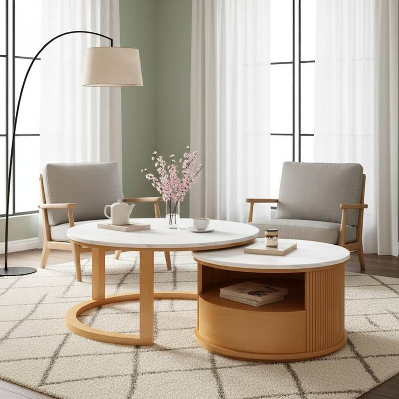 Space-Saving Round Nesting Coffee Table Set with Hidden Storage by Harper&Bright Designs - Natural