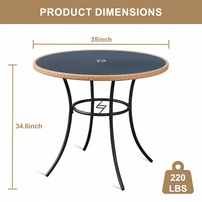 35" Square/Round Outdoor Dining Table - All-Weather Wicker Patio Table with Tempered Glass Top & Iron Frame for Balcony