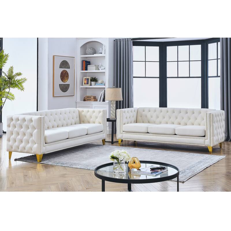 Classic Chesterfield Velvet Sofa Set, 2-Piece Button-Tufted 3-Seater Couch with Nailhead Trim and Metal Legs