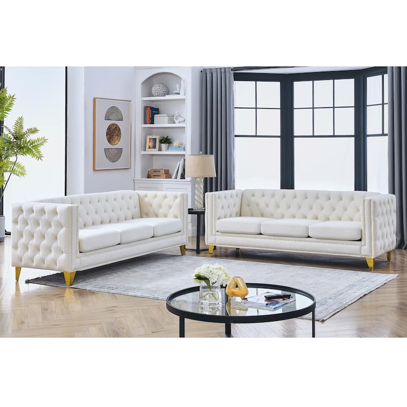 Roomfitters 5-Seater Velvet Sofa Set, 3+2 Chesterfield Square-Arm Tufted Couches with Nailhead Trim and Gold Legs - Beige - 6 Seater
