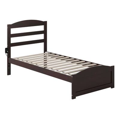 Wood Platform Bed with Footboard & USB Charger, Twin, Espresso - Solid Construction