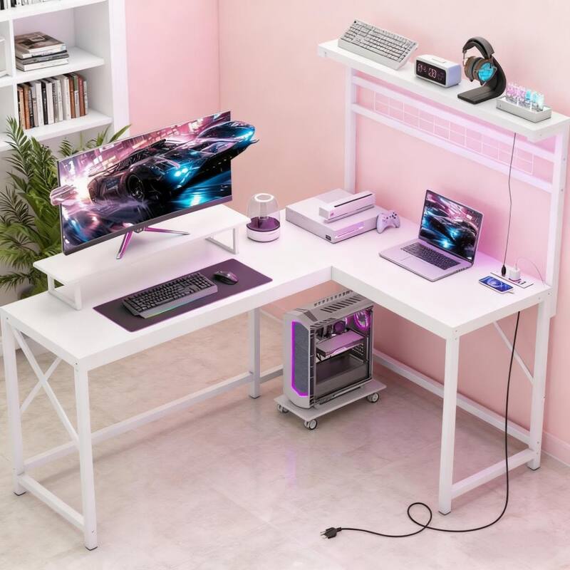 Computer Desk, L Shaped Gaming Desk with Power Outlets & LED Lights,with Monitor Stand and CPU Shelf