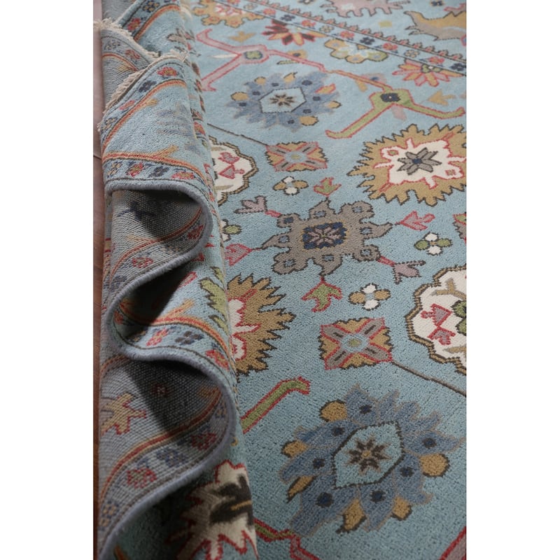 Blue Geometric Oushak Oriental Area Rug Handmade Wool Carpet - 8'2"x 9'9"