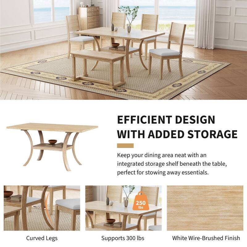 6-Piece Wood Dining Table Set with Storage Shelf and Curved Legs