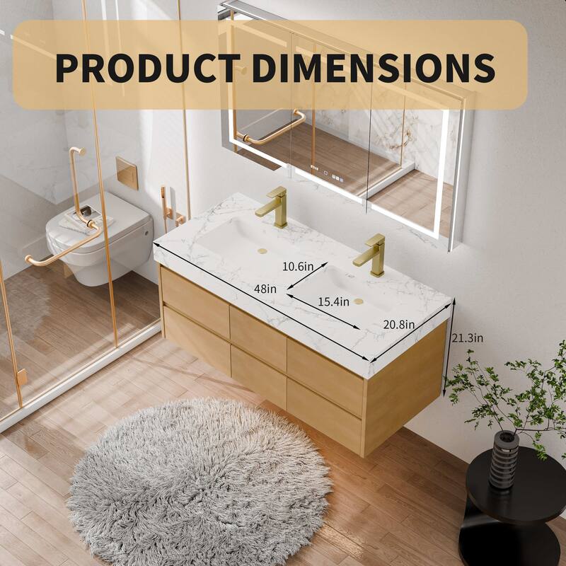 Modland 48" Floating Bathroom Vanity with Single/Double Sink, Modern Maple Wood Wall Mounted Vanity with Marble Countertop