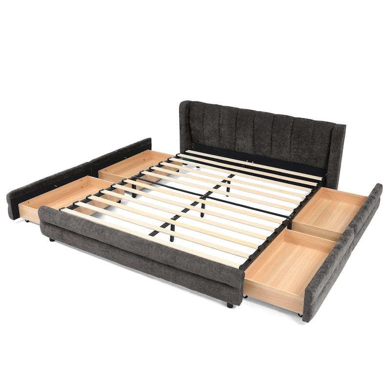 Thick Fabric Upholstered Bed Frame, Low Profile Storage Platform Bed with 4 Storage Drawers, Metal Legs and Wood Slat Support