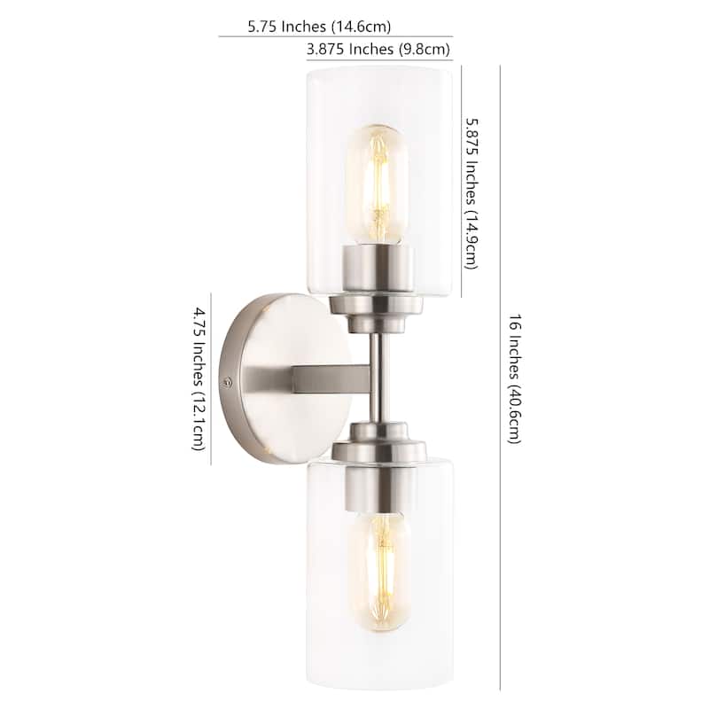 Giles 16" 2-Light Farmhouse Industrial Iron Cylinder LED Sconce, Oil Rubbed Bronze/Clear by JONATHAN Y - One
