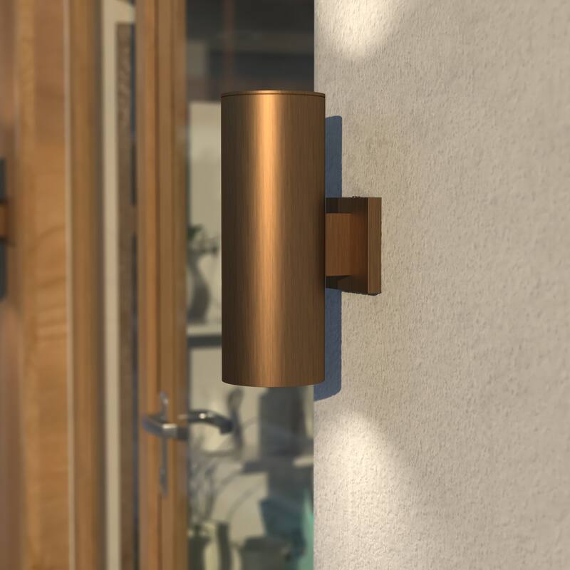 Chiasso Aluminum 2-Light Cylinder Outdoor Wall Lantern - Warm Brass - 5-in W x 14.25-in H x 8-in D