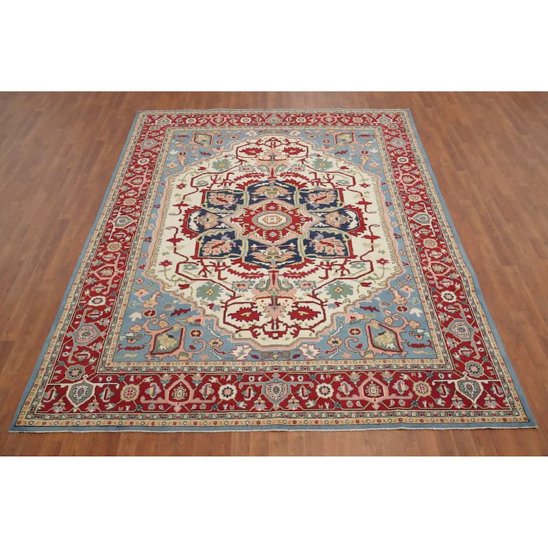 Hand Knotted Oriental 100% Wool Carpet Traditional Medallion Beige & Ivories Heriz (serapi) Area Rug - 9' 10'' X 7' 11''