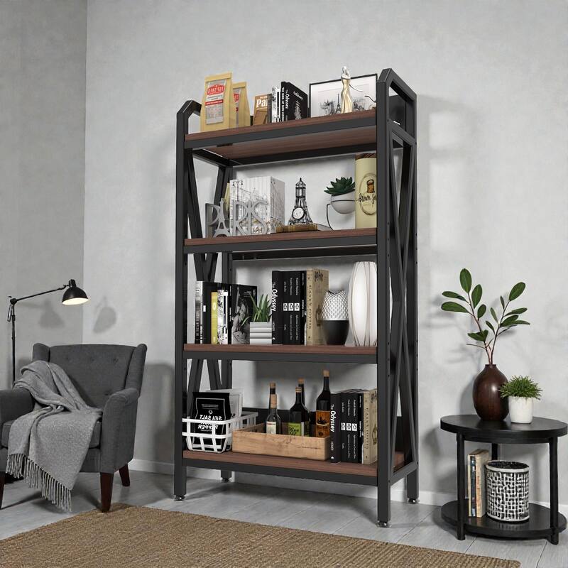 56.3 Inch Bakers Rack with 4 Tier Storage Shelves, Metal and Wood Kitchen Organizer for Pantry, Garage and Bathroom - Black