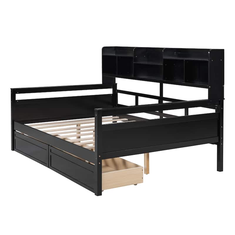 Full Size Daybed with Bedside Shelf and Two Drawers, Multifunctional Storage Solid Wood Sofa Bed Frame for Bedroom Living Room