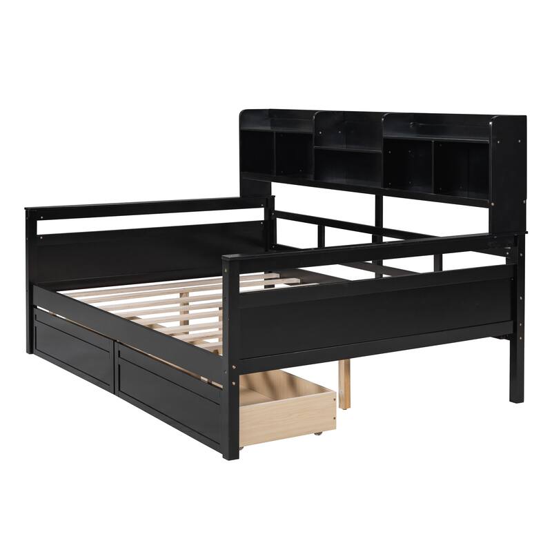 Twin/Full Size Daybed, Solid Wood Platform Sofa Bed Frame with Built In Bookshelves and Two Drawers
