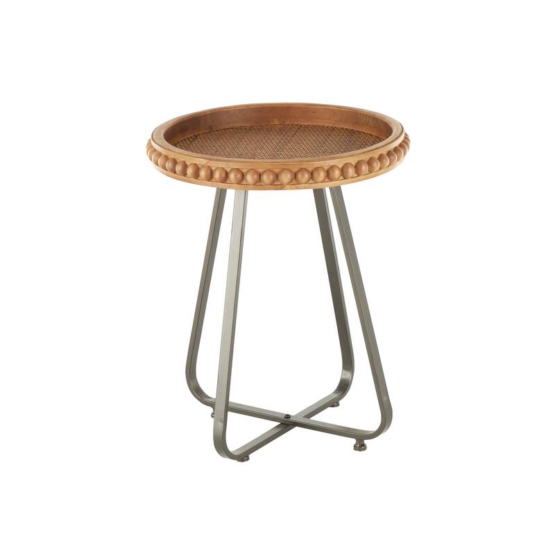 Brown Wood Beaded Side End Accent Table with Rounded Gray Metal Base and Rattan Accent