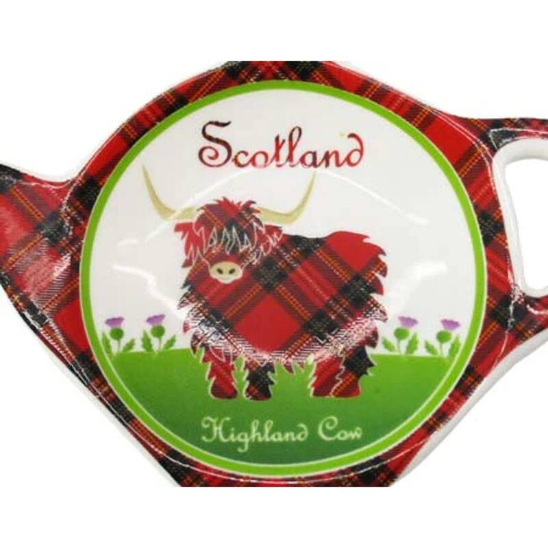 Scottish Highland Cow Fine Bone China Tea Bag Holder – Tartan Design - 4-inch diameter