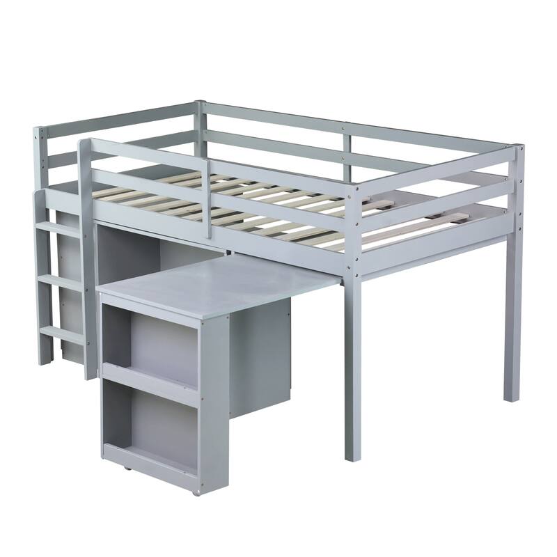 Twin Rubber Wood Loft Bed with Drawer Cabinet, Shelf,Pulling -Out Desk - Grey