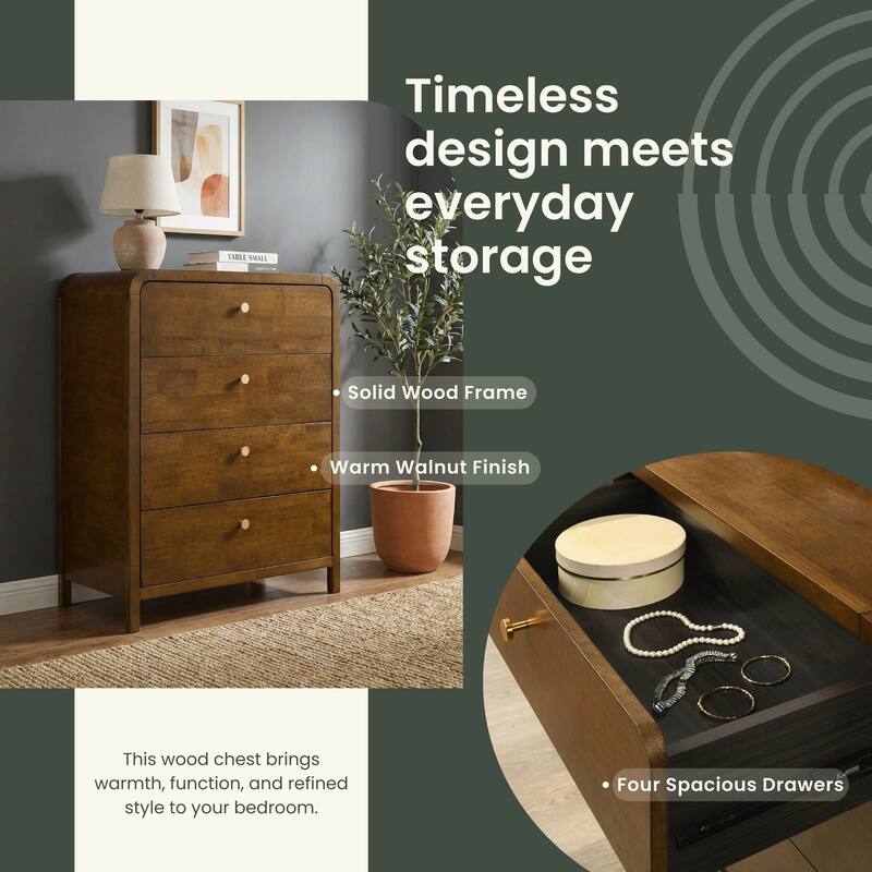 Roundhill Furniture Eldren 4-Drawer Wood Chest with Solid Rubberwood Frame, Walnut Finish