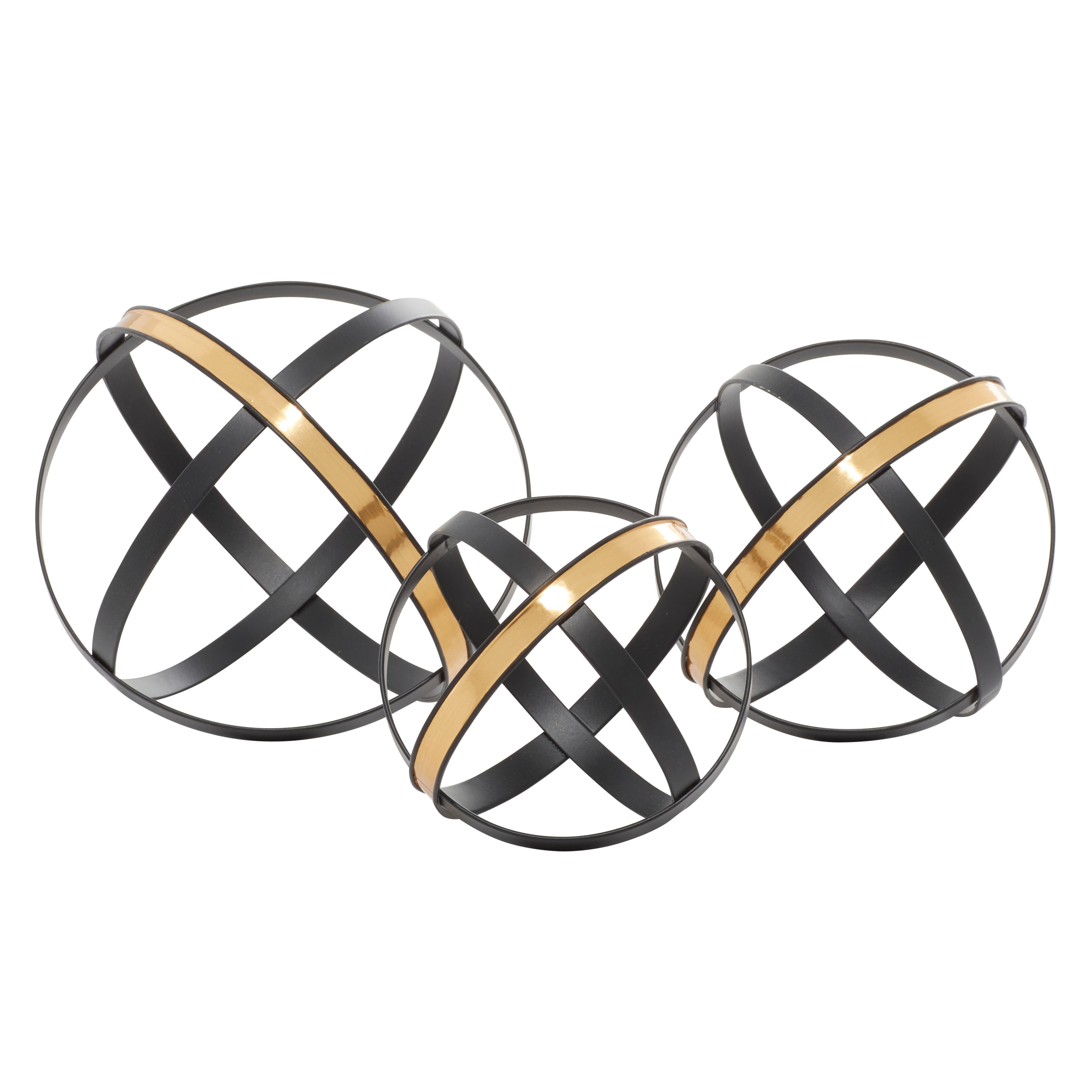 Metal Geometric Orb Sculpture with Gold Accents - Set of 3 Black - Roche River Decor