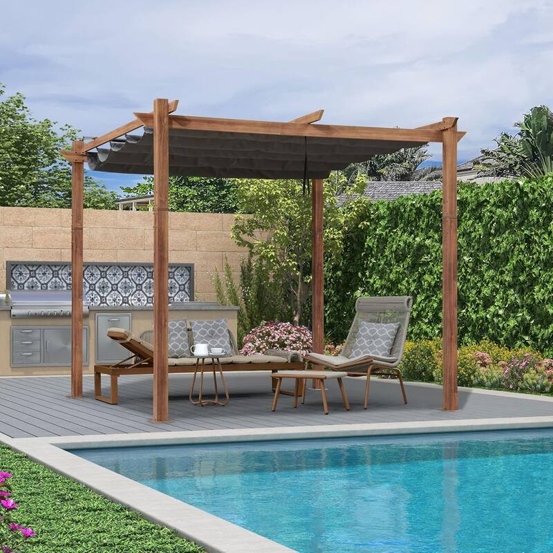 PURPLE LEAF Gazebo Wood Grain Metal Frame Pergola with Extra Top Roof for Patio