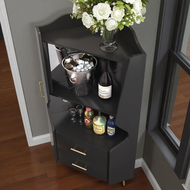 Modern Wooden Corner Bar Cabinet with Mirrored Back, 2 Drawers and Open Shelves, Buffet Sideboard for Dining or Living Room
