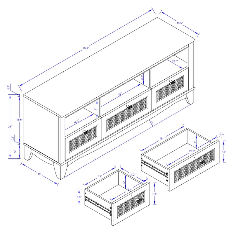 55-inch Rustic Wood TV Stand with Wicker Door Design for TVs up to 65"