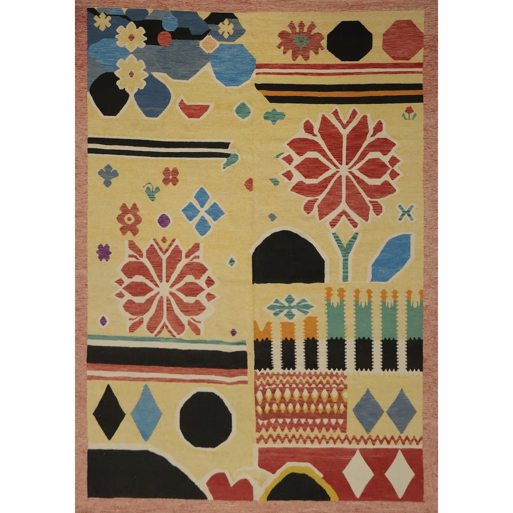 Hand Woven Oriental 100% Wool Carpet Southwestern Tribal Yellow & Gold Kilim Area Rug - 13' 0'' X 10' 2''