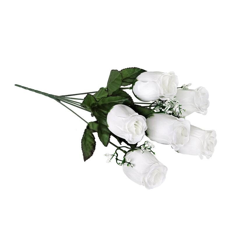 Set of 12 White Artificial Rose Bud Flower Stem Bush Bouquet 14in - 14" L x 6" W x 6" DP