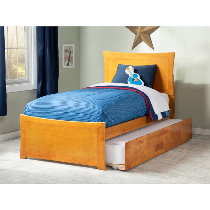 Full Platform Bed with Trundle - Twin Size, Walnut Finish - Modern Design, Space Saving, HomeStock