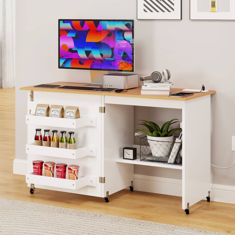 Moasis Folding Sewing Craft Table Computer Desk with Charger Charging Station & Storage Shelves Cabinet - 49.2"L-White