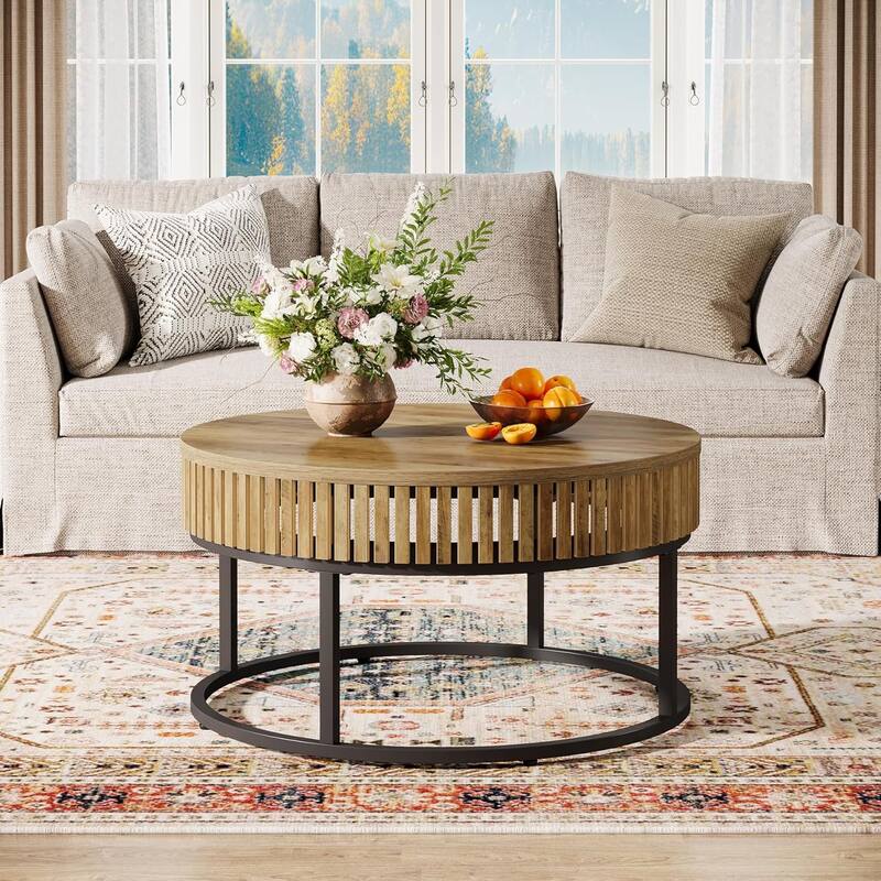 31.5-Inch Brown MDF Coffee Table, Round Industrial Center Table