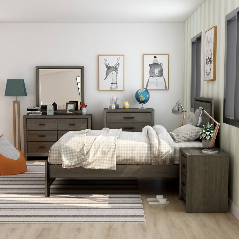 Aury Transitional Grey Upholstered Tufted 6-piece Panel Bedroom Set by Furniture of America - Twin