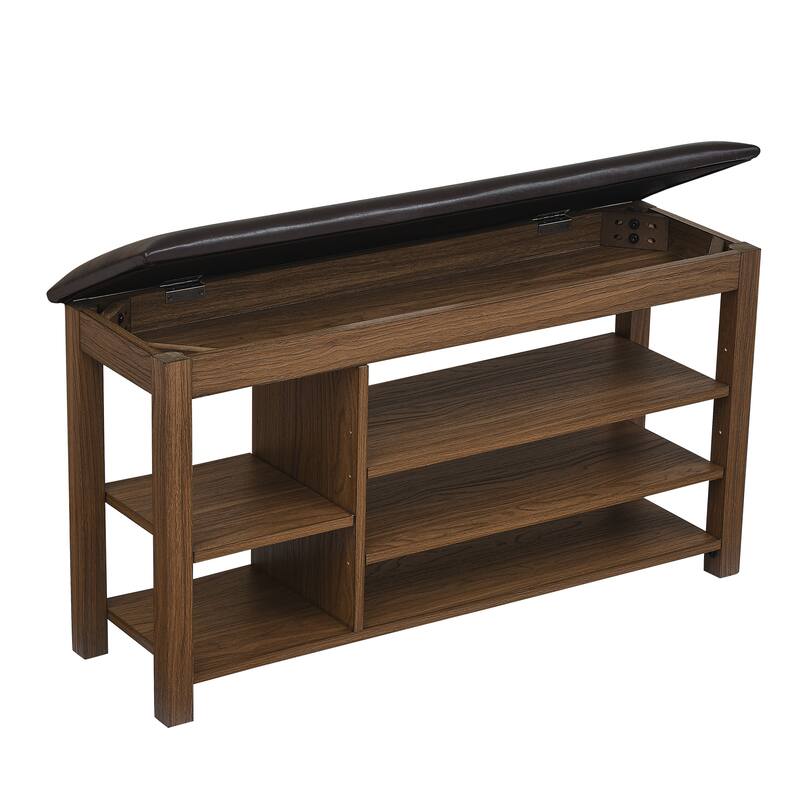 Roomfitters Height Adjustable Shoe Bench with Cushion Seat and Hidden Storage, Solid Rubberwood Frame, Charcoal Grain