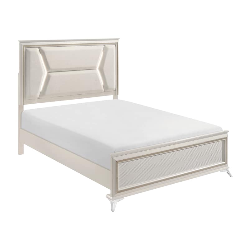 1pc Modern Luxury Queen Bed Upholstered Headboard with LED Lighting Wooden Bedroom Furniture Antique White Finish and Gold