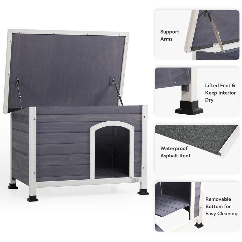 Wooden Outdoor Dog House Dog Crate Waterproof Roof Elevated Floor Dog Room Dog Kennel for Living Room - Grey