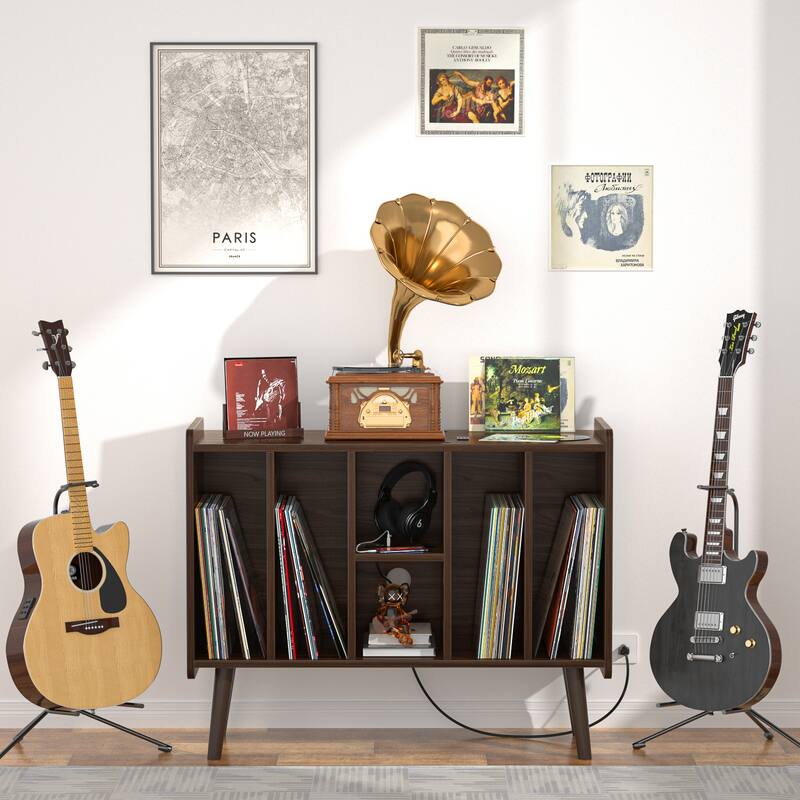 Retro Vinyl Stand with Charging Hub, Record Player Stand with Power Outlet and USB Ports