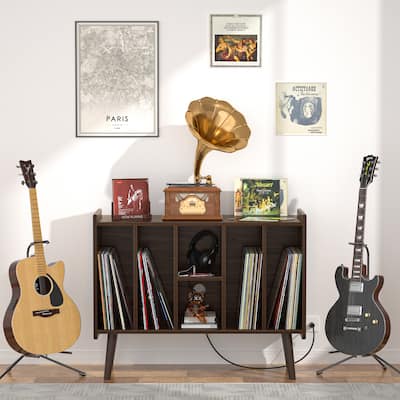 Retro Vinyl Stand with Charging Hub, Record Player Stand with Power Outlet and USB Ports