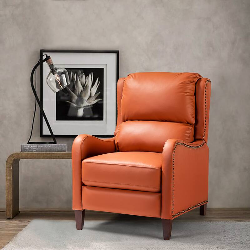 Brigida Cigar Genuine Leather Pushback Recliner with Nailhead Trim by HULALA HOME - BRICK