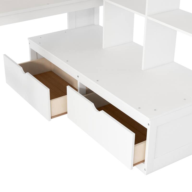 Full Size Loft Bed with Desk and Shelves, Multifunctional Bed Frame with Built-in Drawers and Storage Staircase