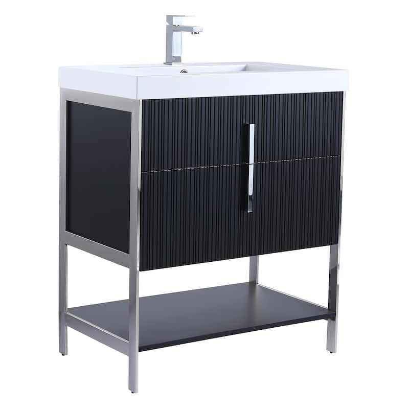 Fine Fixtures Serenity Modern Bathroom Vanity with White Gel Acrylic Top - Black Matte - Chrome Hardware - 30 inch