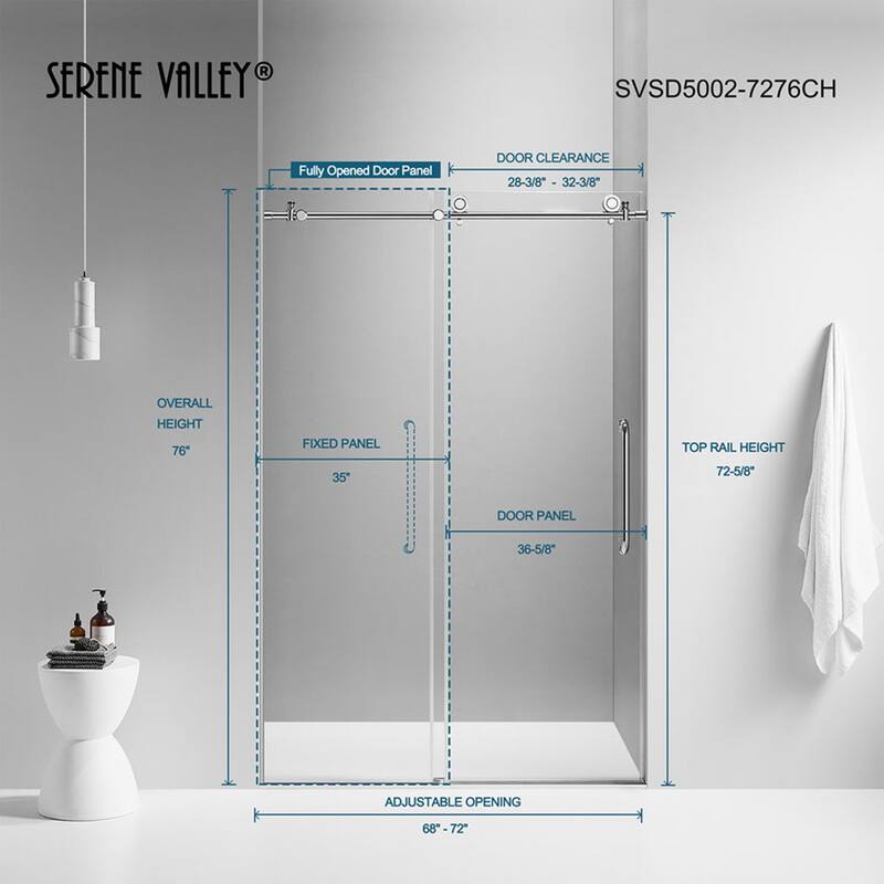 Serene Valley 72 x 76 Inch Big Roller Frameless Sliding Shower Door, Chrome - 72 x 76 inches
