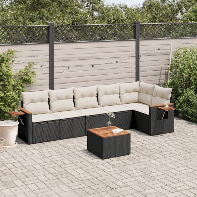 vidaXL Patio Sofa Set with Cushions Outdoor Conversation Furniture Poly Rattan - Black and cream with table - 21.7 x 21.7 x 14.6 in