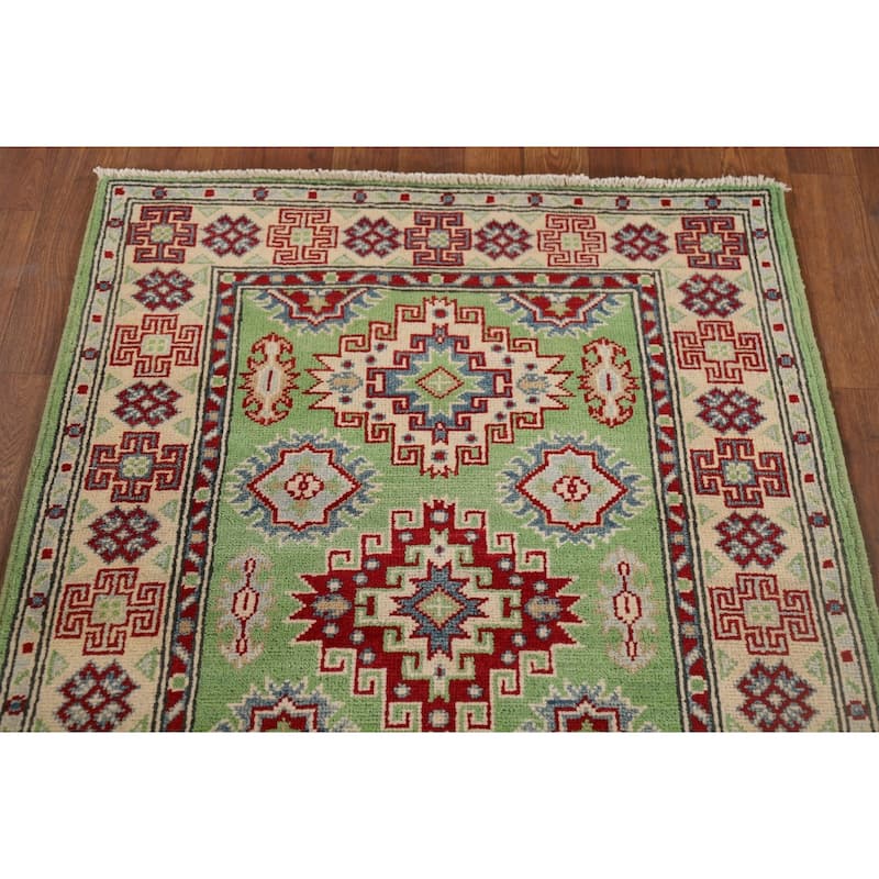 Light Green Kazak Oriental Runner Rug Hand-Knotted Wool Carpet - 2'9" x 9'7"