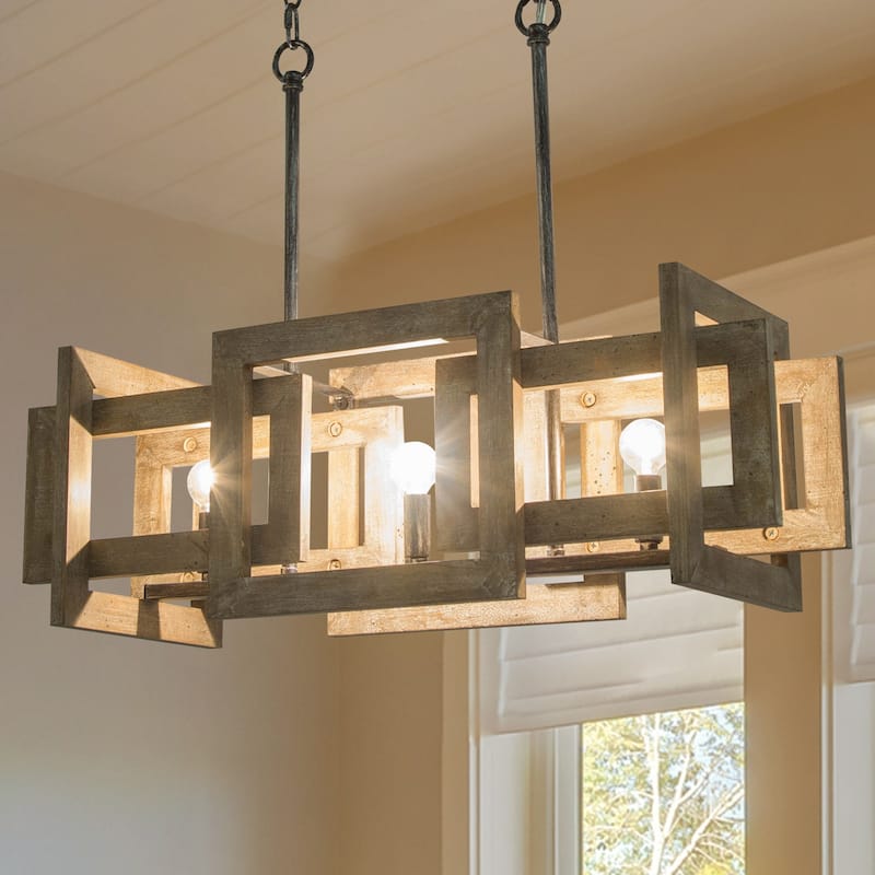 Rustic Farmhouse 3-light Chandelier Linear Rectangle Handcrafted Kitchen Island Lighting - L21.9" x W9" x H9" - L21.9" x W9" x H9"