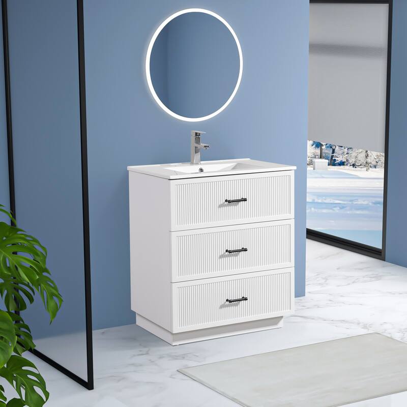 30" Freestanding Bathroom Vanity with Ceramic Sink and 2 Storage Drawers, Stylish Gray Floor Cabinet