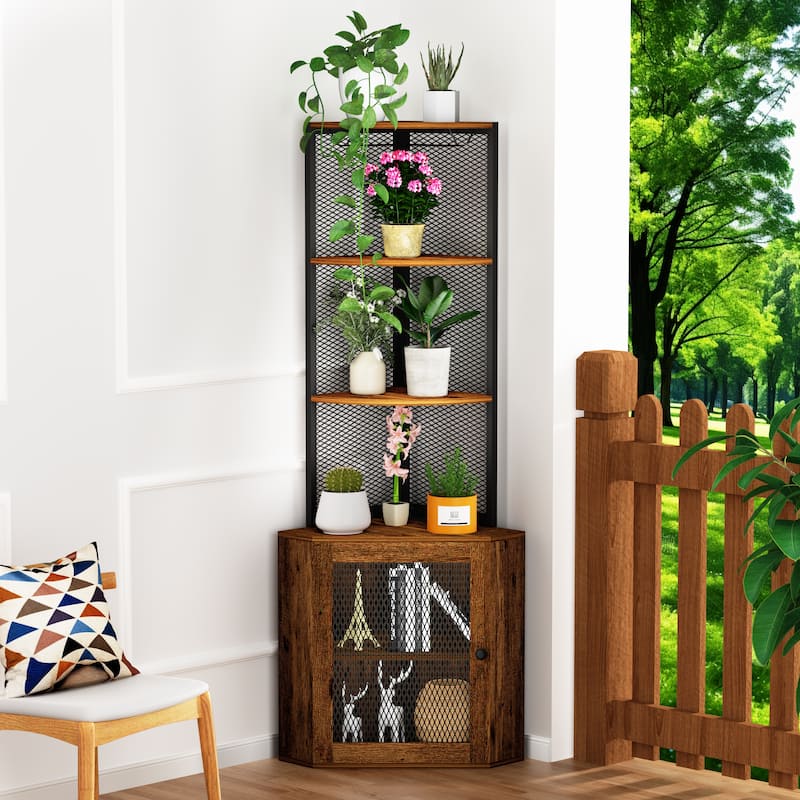 Industrial Corner Cabinet with Power Outlets - Wine Glass Rack and Mesh Door Storage for Home Bar