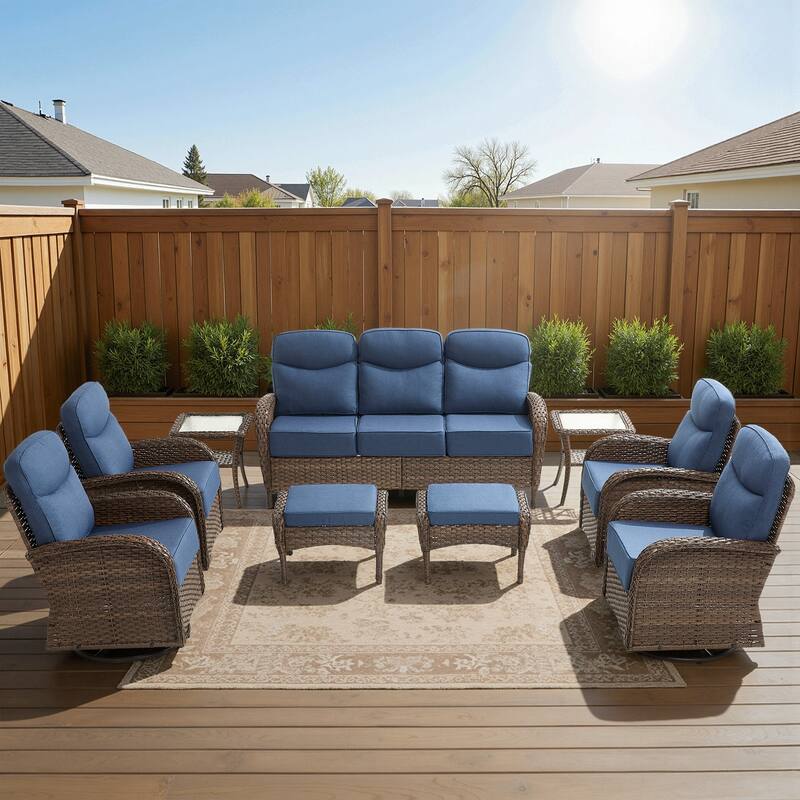 Luna 9-Piece Wicker Patio Conversation Set with Swivel Gliders and 6-Inch Thick Olefin Cushions