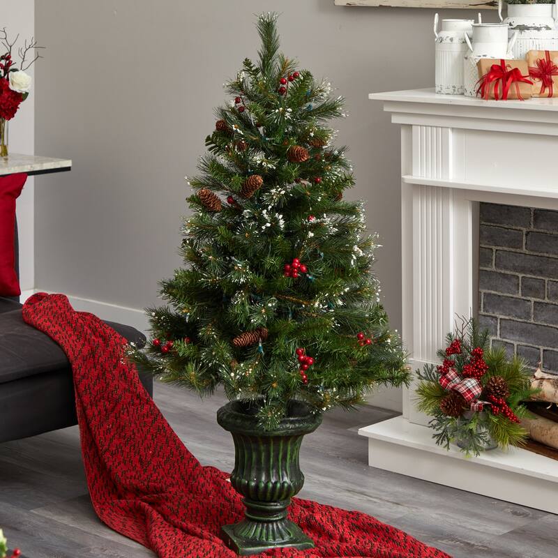 4ft. Christmas Tree with Berries, Pinecones, LED Lights & Decorative Urn - Festive Holiday X-Mas Decoration